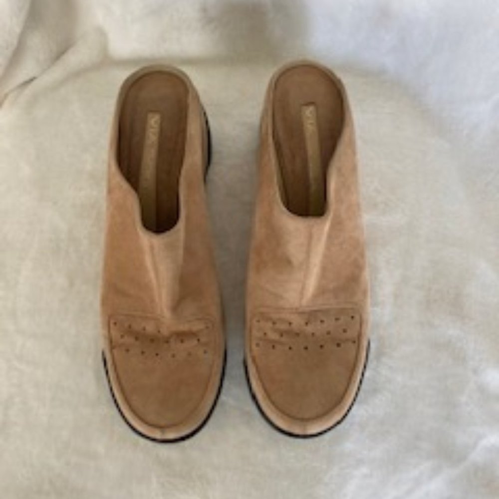 Via Spiga Camel Suede Wedge Mules